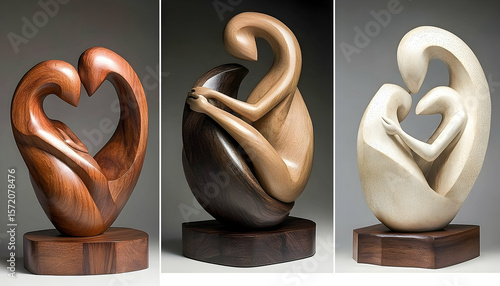 Three Abstract Wooden Sculptures of Embracing Figures