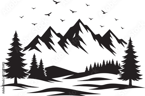 Majestic snow capped mountains rise above a serene forest landscape with soaring birds in the sky