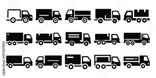 Minimalist black truck vector icon set including cargo truck, dump truck, delivery truck, tow truck, pickup truck and transport lorry illustration

