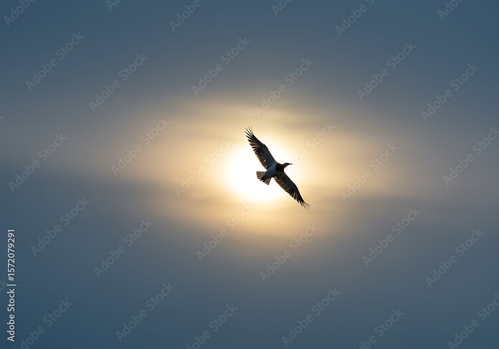 Fototapeta premium Silhouette of bird flying across glowing sun in dramatic evening sky