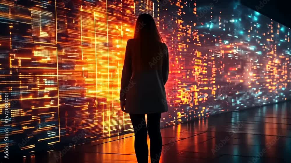 Woman Facing a Data Wall: Exploring the Digital Future and Information Technology Woman Facing a Data Wall: Exploring the Digital Future and Information Technology