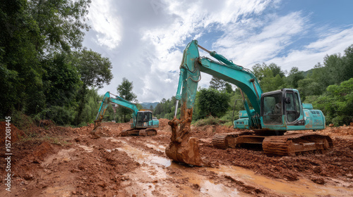 Wallpaper Mural Excavators digging red soil on muddy construction site with green trees and cloudy sky in background Torontodigital.ca