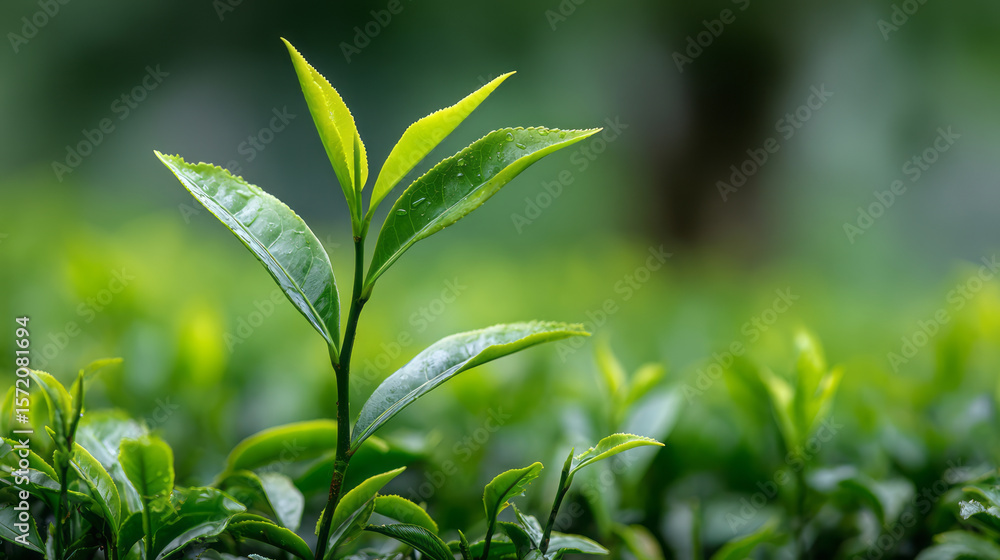Obraz premium Fresh green tea leaves with water droplets on natural blurred background, vibrant and healthy plant growth in garden