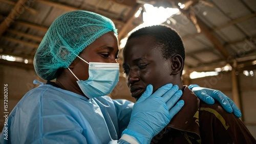 Nurse comforting an Ebola survivor with a supportive hug at humanitarian health center
