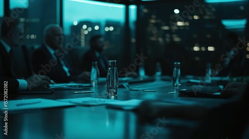 Business executives are seated at a conference table with paperwork and water glasses in a dark office with city lights