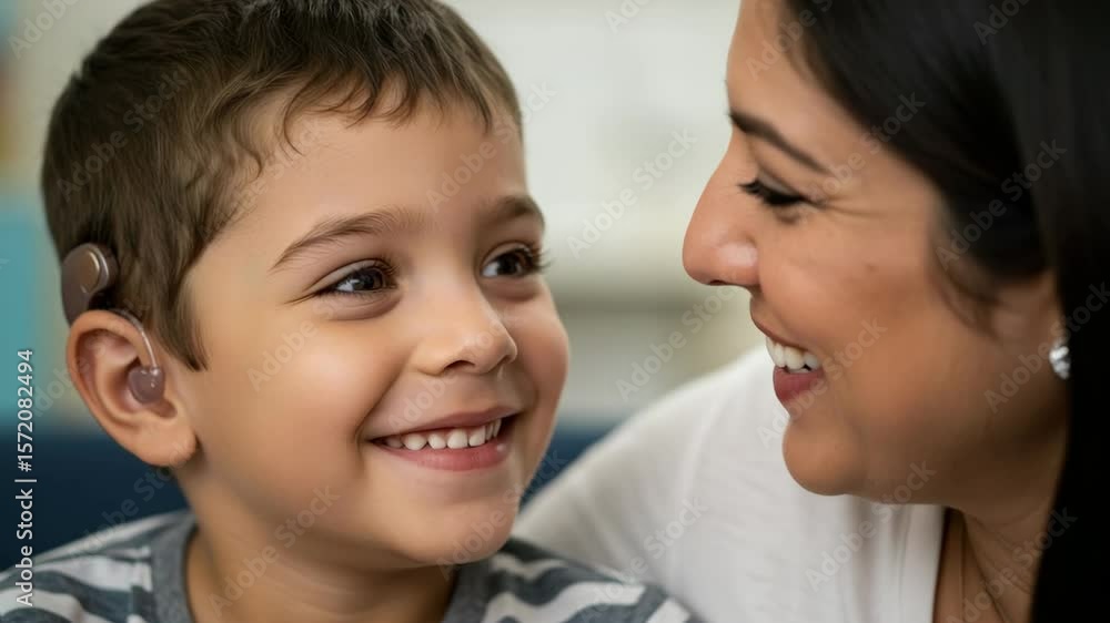 Boy with cochlear implant smiles at his mother, representing hearing aid success story Boy with cochlear implant smiles at his mother, representing hearing aid success story