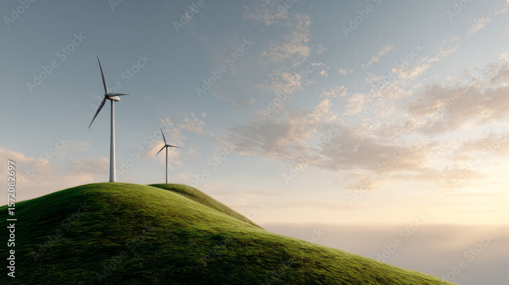 Fototapeta premium Wind turbines on scenic green hill with soft clouds and warm sunlight creating peaceful and natural atmosphere