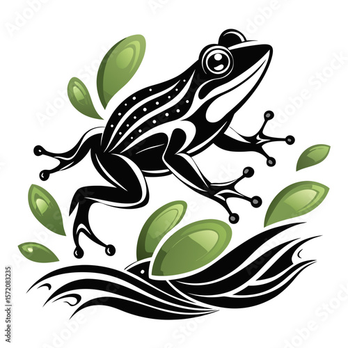 Stylized amphibian art presents a jumping frog with graphic water and plant elements for designs needing a nature-themed, adaptable symbol.