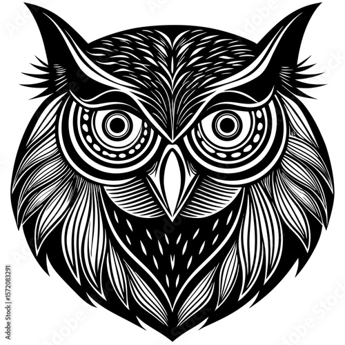 Majestic owl graphic with intricate line work, perfect for artistic designs or nocturnal themed creative applications.