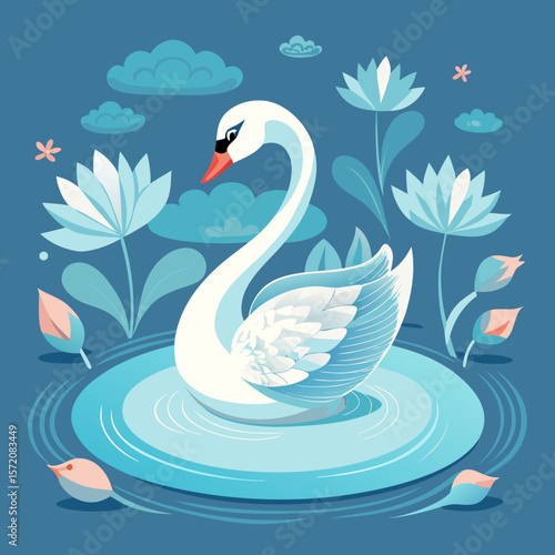 Graceful swan floats peacefully among water lilies and gentle clouds, perfect for elegant branding and creative projects.