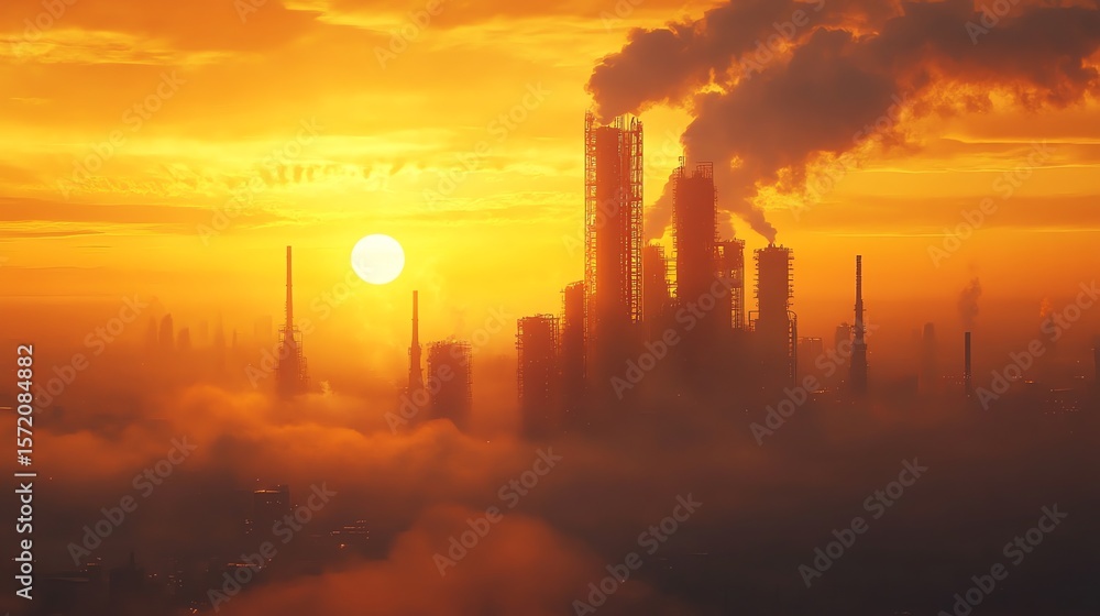 Obraz premium Industrial City Skyline with Smokestacks Emitting Smoke During Sunset