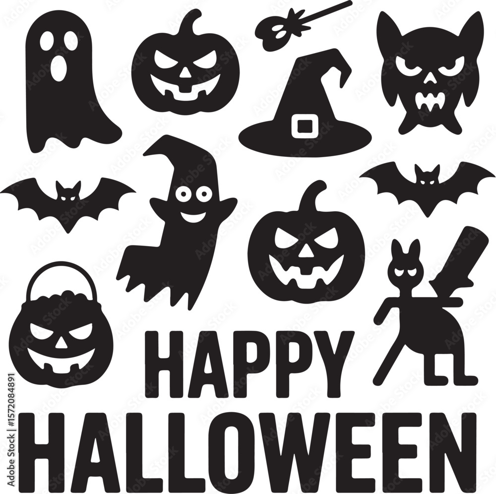 Obraz premium Spooky Halloween Vector Icons | Black and White Halloween Set