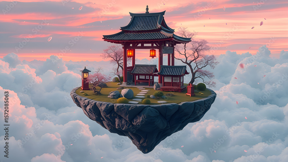 Fototapeta premium Skyward Sanctuary: A serene, floating Japanese pagoda bathed in the ethereal glow of sunset, nestled amidst a sea of clouds, evokes a sense of tranquility and spiritual reflection.