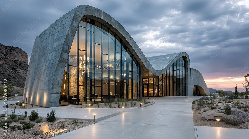 Obraz premium Modern streamlined building exterior under the blue sky, with metal and glass as materials, fashionable and smooth appearance, combined with simple landscape, showing the technology and aesthetics of 