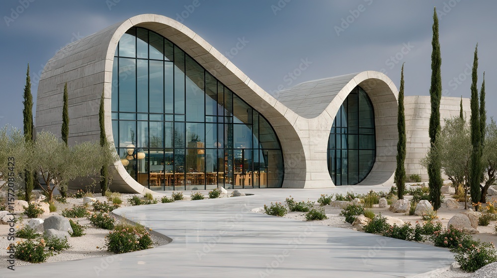 Fototapeta premium Modern curved building constructed with concrete and glass, integrated into a courtyard landscape, surrounded by green plants, stones, and paths, showing the harmonious coexistence of architecture and
