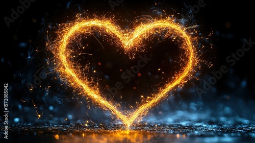 Heart Shape Formed by Golden Sparks on Dark Background, Creating a Dreamy and Romantic Atmosphere