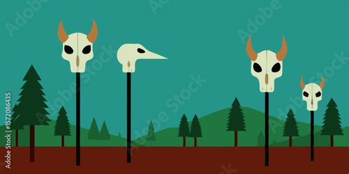 Mysterious Skull Totems in a Forest An Enigmatic Illustration
