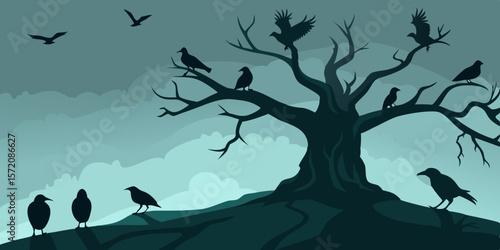 Silhouettes of Crows on a Barren Tree A Dark and Brooding Illustration