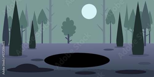 Mysterious Forest Hole Nighttime Illustration of a Dark Pit in a Silhouetted Woodscape
