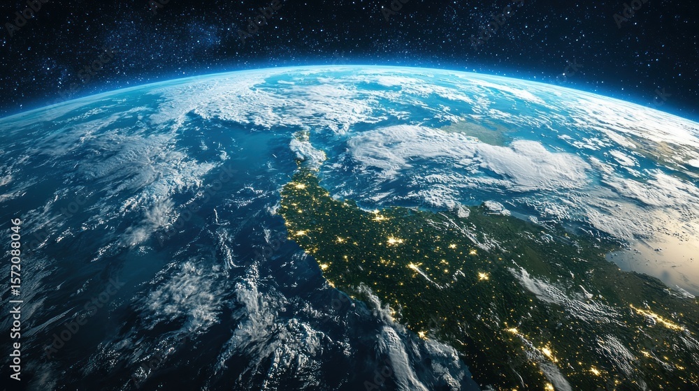 Fototapeta premium The Earth's surface, with the continents and oceans visible, against a dark blue sky with stars. The planet's surface is dotted with cities and lights, indicating human activity.