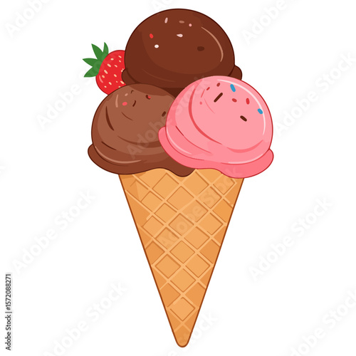 Delicious cartoon ice cream cone with chocolate, strawberry, and pink vanilla flavors, topped with sprinkles and a fresh strawberry, perfect for summer and dessert lovers.