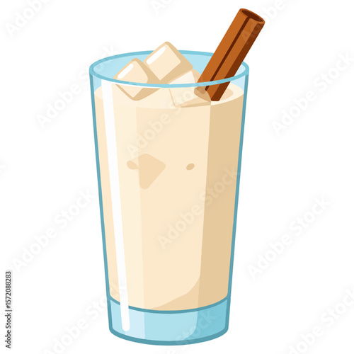 Vector illustration of a refreshing horchata drink in a clear glass with ice cubes and a cinnamon stick, perfect for menus, illustrations, and advertising.