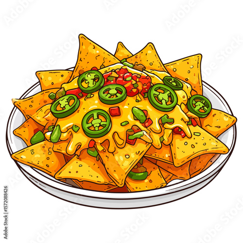 Vector illustration of nachos in a white bowl, loaded with melted cheese, salsa, and jalapenos, perfect for a party, snack, or Cinco de Mayo celebration!