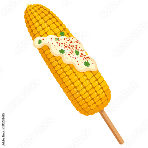 Vector illustration of elote, Mexican street corn on a stick, topped with mayonnaise, chili powder, and cilantro, isolated on a white background, perfect for food-related designs.