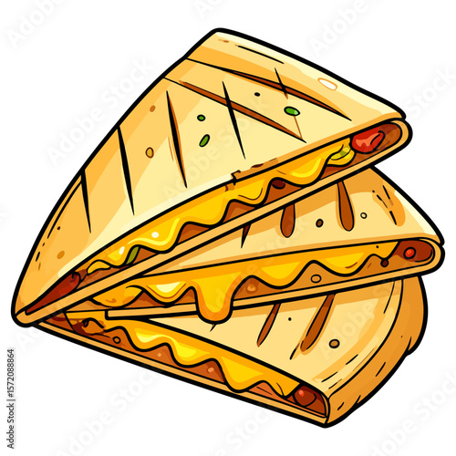 Illustration of a stack of delicious, golden-brown quesadillas with melted cheese and visible fillings, ideal for Mexican food blogs or recipe posts.