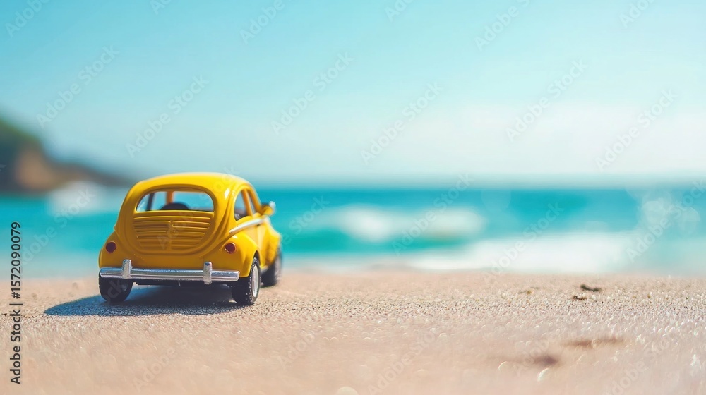Fototapeta premium A yellow toy car on a sandy beach with the ocean in the background.