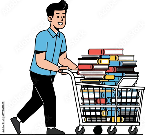 Man pushing shopping cart full of books illustration for education and library concept vector graphic