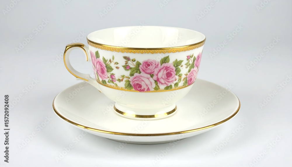 Elegant teacup and saucer with pink roses Elegant teacup and saucer with pink roses
