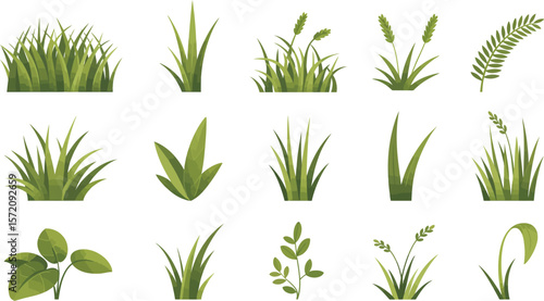 Vector grass set illustration, green grass tufts and plants collection for garden design elements 100