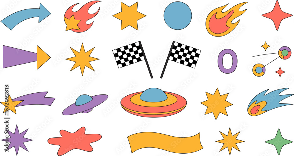 Naklejka premium Retro groovy elements set vector illustration vintage design groovy style vector illustration design set