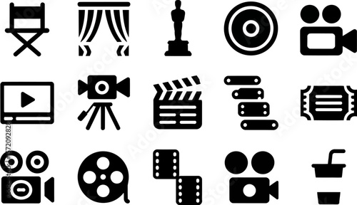 Movie production film making cinema industry icons set vector illustration and graphic design elements