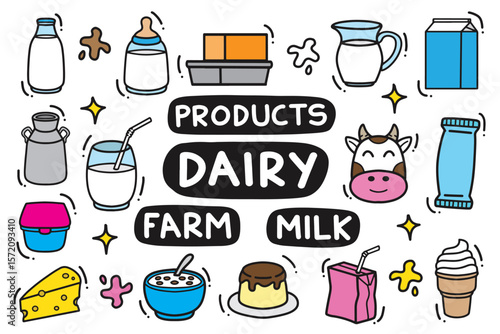 set of dairy products doodle with color good for background, wallpaper, element design, icon, etc