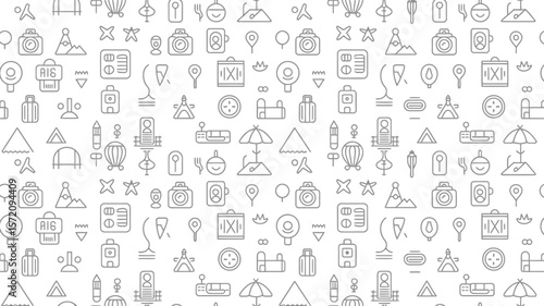 Travel themed seamless pattern background with vacation icons for wallpaper and digital paper design vector