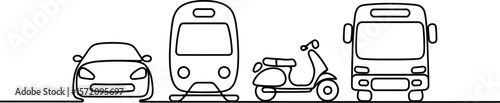Transportation line art vector illustration of car train scooter and bus public transport vehicle icons set