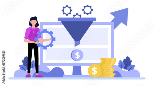 Sales Lead Updating Sales Funnel Metrics, flat vector illustration