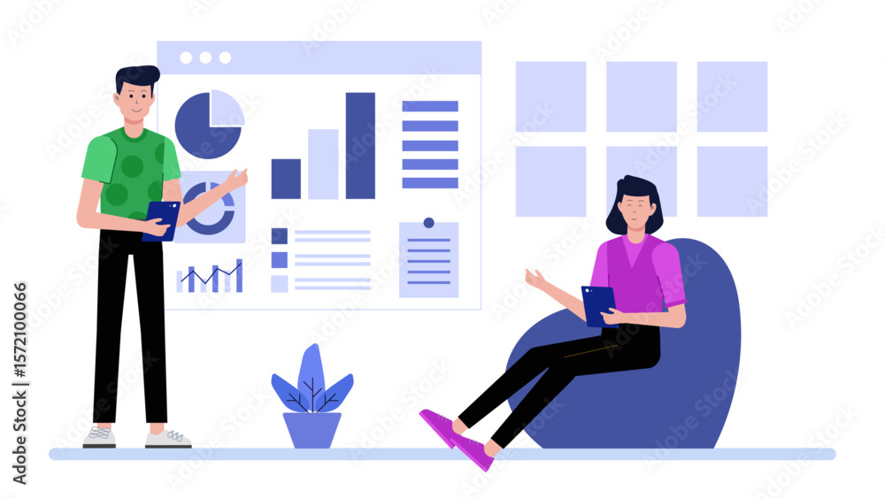 Obraz premium Business Analyst Reviewing Key Performance Indicators, flat vector illustration