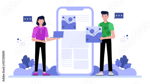 Startup Developing Mobile App Prototype, flat vector illustration