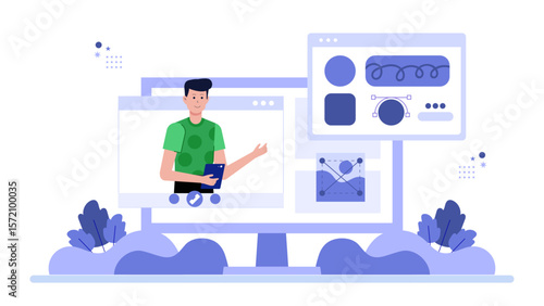 UX Researcher Conducting Online User Interviews, flat vector illustration