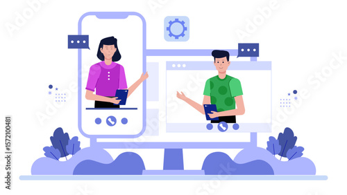 Remote Group Hosting Weekly Sync via Video Call, flat vector illustration
