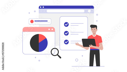 UX Researcher Conducting Online User Interviews, flat vector illustration
