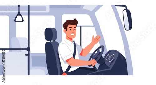 Happy Young Male Bus Driver Sitting in Bus Cockpit Smiling Friendly in Uniform