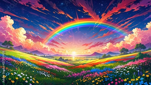 Colorful landscape. The background is filled with vibrant colors of a sunset sky, rainbow-colored hills, and blooming flowers. The scene is vibrant and eye-catching, with bright lights and creative co