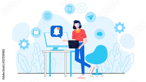 Customer Support Representative Managing Omnichannel Inquiries, flat vector illustration