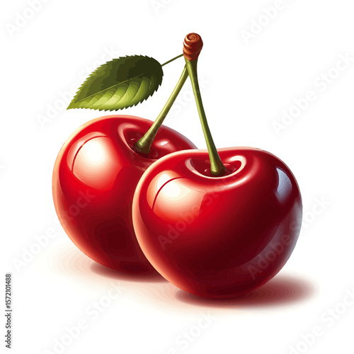 Realistic Cherry Pair with Leaf, Fresh Red Fruit Vector Illustration