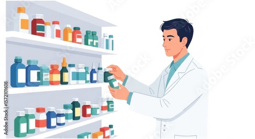 Male Pharmacist Selecting Medicine Bottles in Pharmacy Shelf