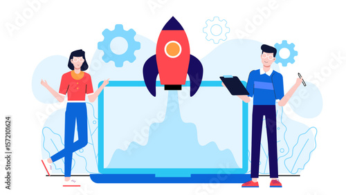 Product Group Launching New Feature Rollout, flat vector illustration